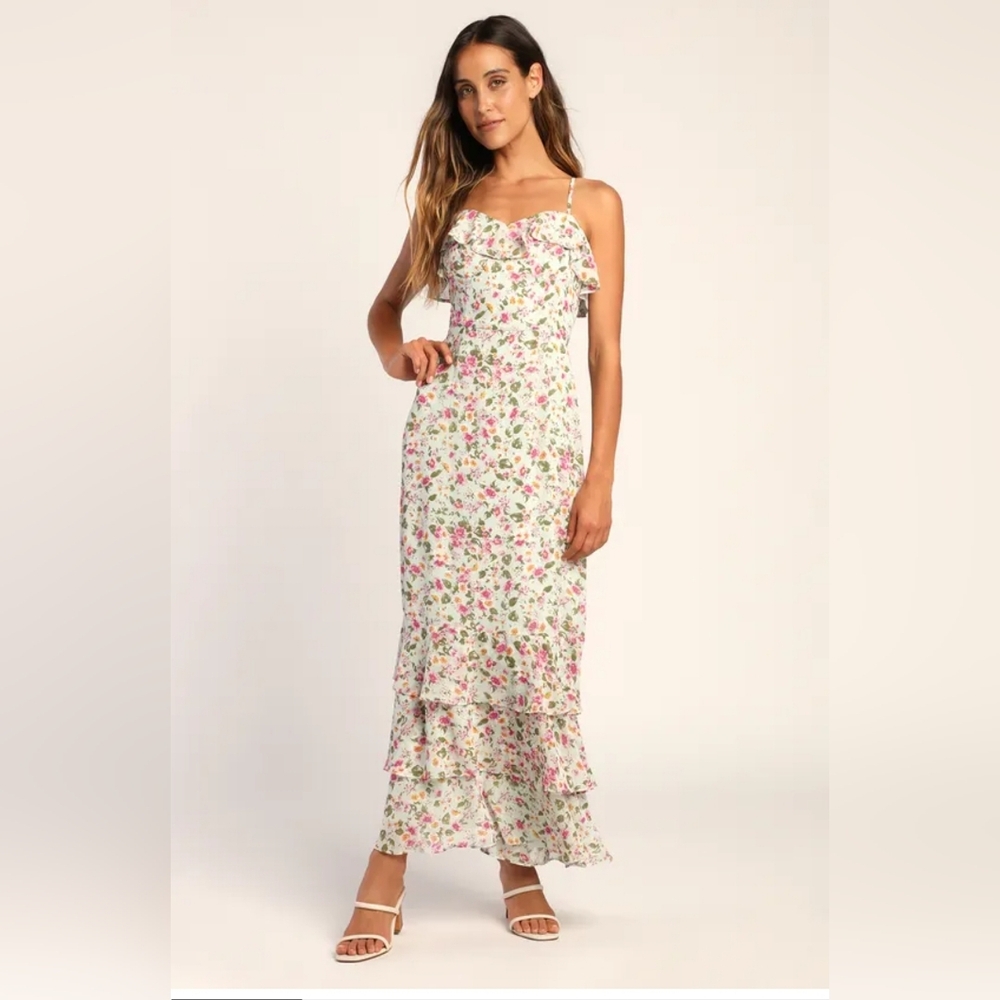 Lulu's Blossom Mint Floral Print Ruffled Maxi Dress